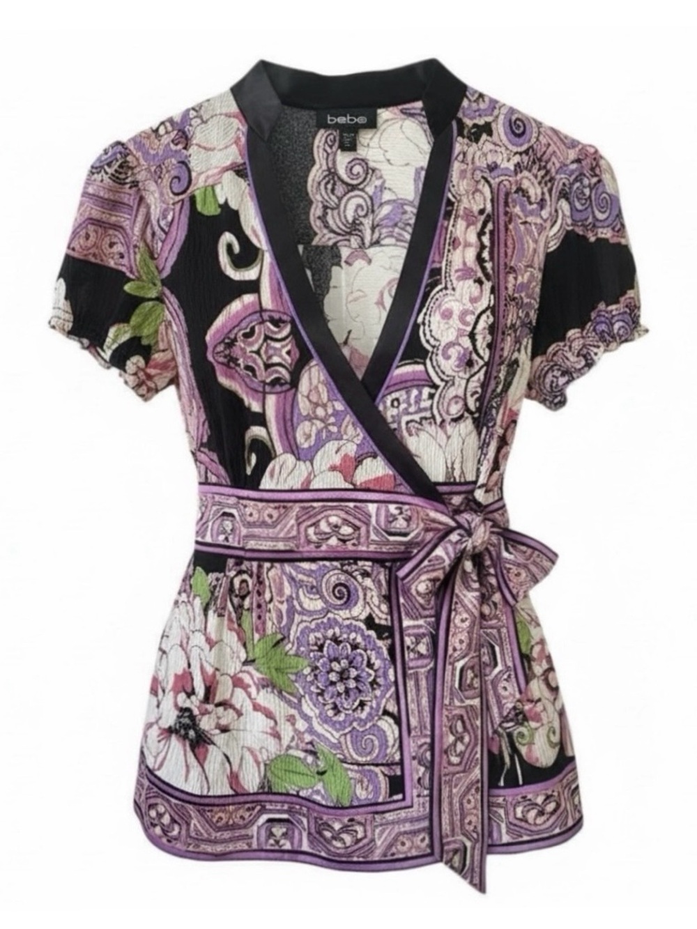 Bebe Pink & Black Floral Print V-Neck Wrap Short Sleeve Silk Blouse Size Medium - Picture 9 of 9
